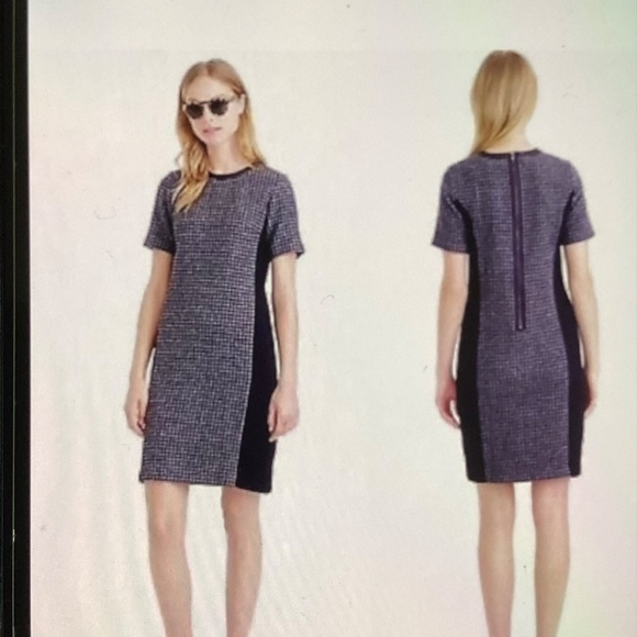 J Crew Wool w/ Leather Trim Dress, Houndstooth, short sleeve, size 8, - Picture 3 of 11